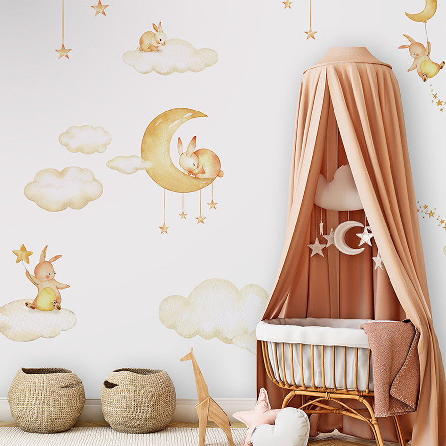 Sweet Dreams – White wallpaper mural shown in a children's nursery canopy crib
