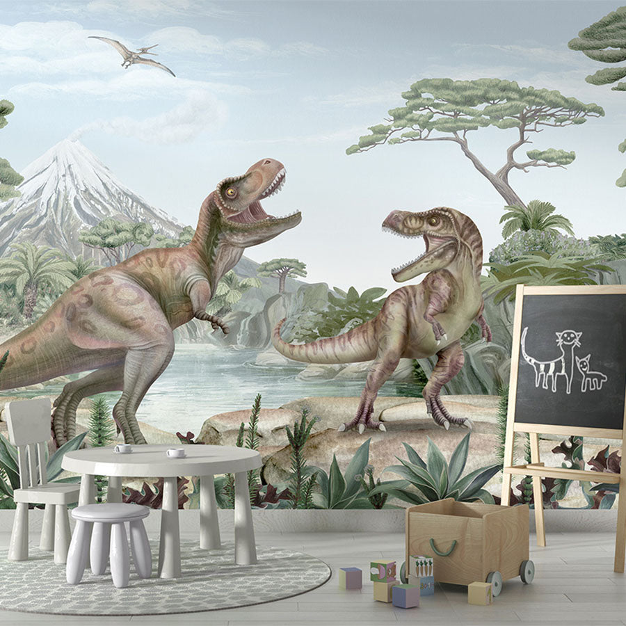 Terrific T-Rex wallpaper mural in a children’s playroom school board