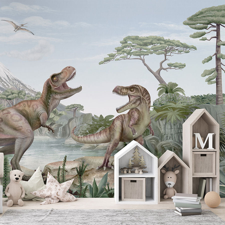 Terrific T-Rex wallpaper mural in a children’s playroom
