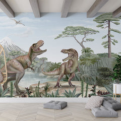 Terrific T-Rex wallpaper mural in a living room floor cushions