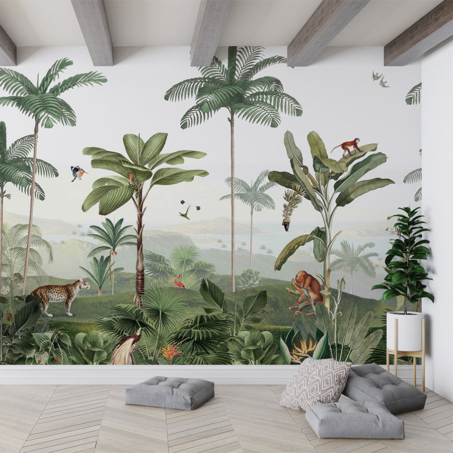 Thrilling Tropics wallpaper mural in a living room floor cushions