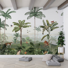 Thrilling Tropics wallpaper mural in a living room floor cushions