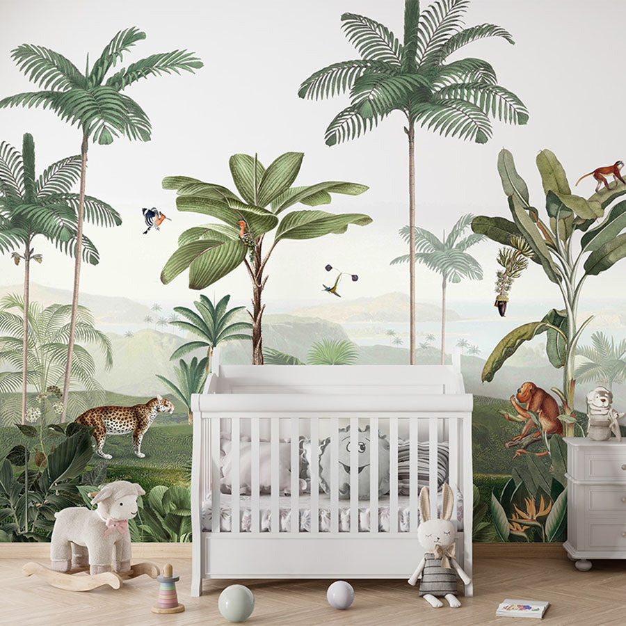 Thrilling Tropics wallpaper mural in a nursery cot