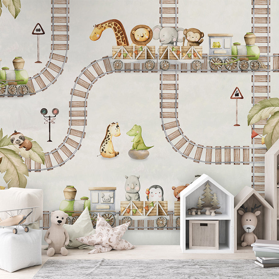 Train Travels wallpaper mural shown in a children's bedroom house shelves