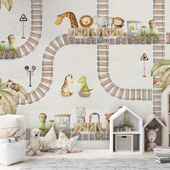 Train Travels wallpaper mural shown in a children's bedroom house shelves
