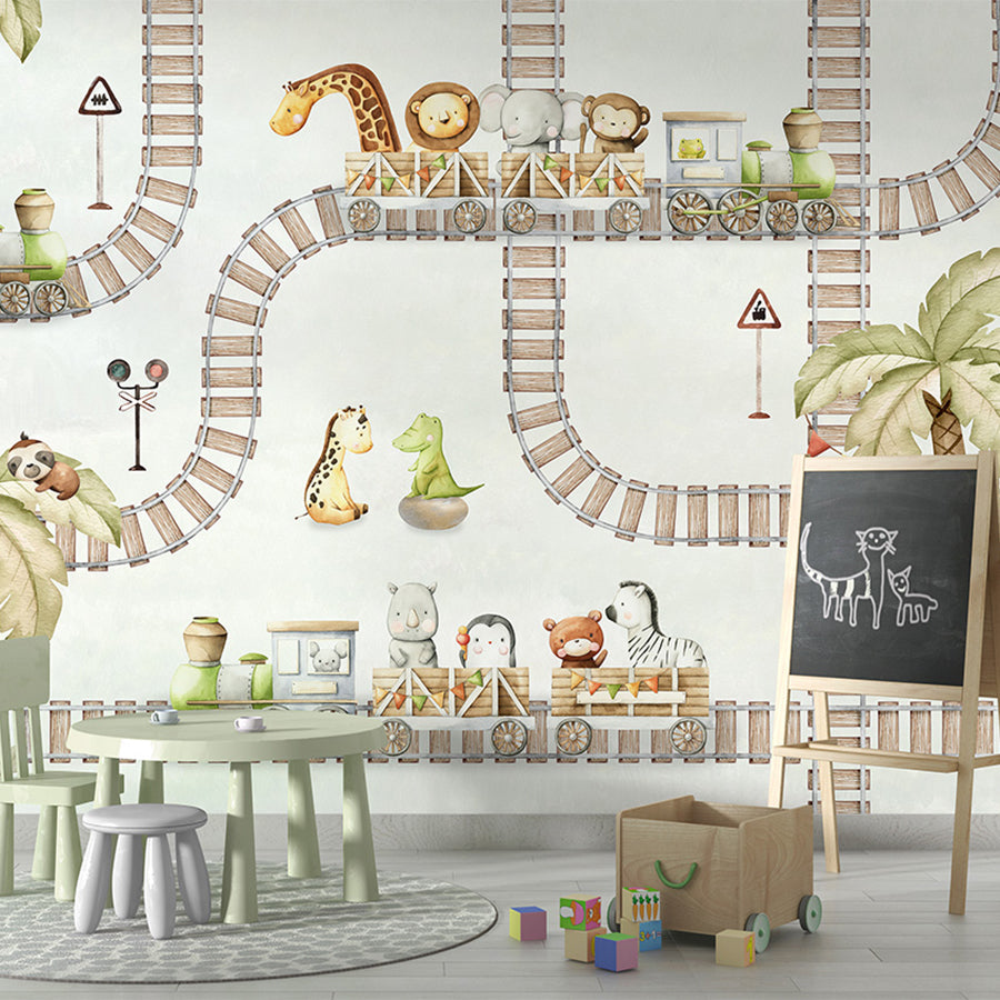 Train Travels wallpaper mural shown in a children's playroom chalkboard