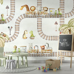 Train Travels wallpaper mural shown in a children's playroom chalkboard