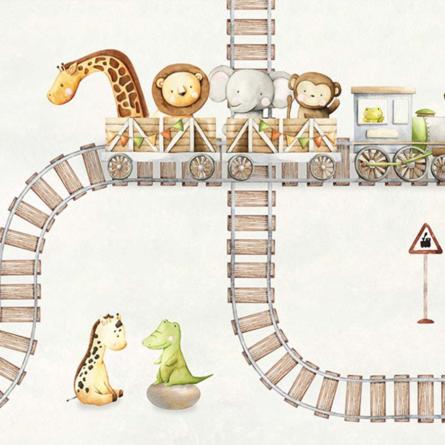 Close-up of the Train Travels wallpaper mural by Oliver Robins
