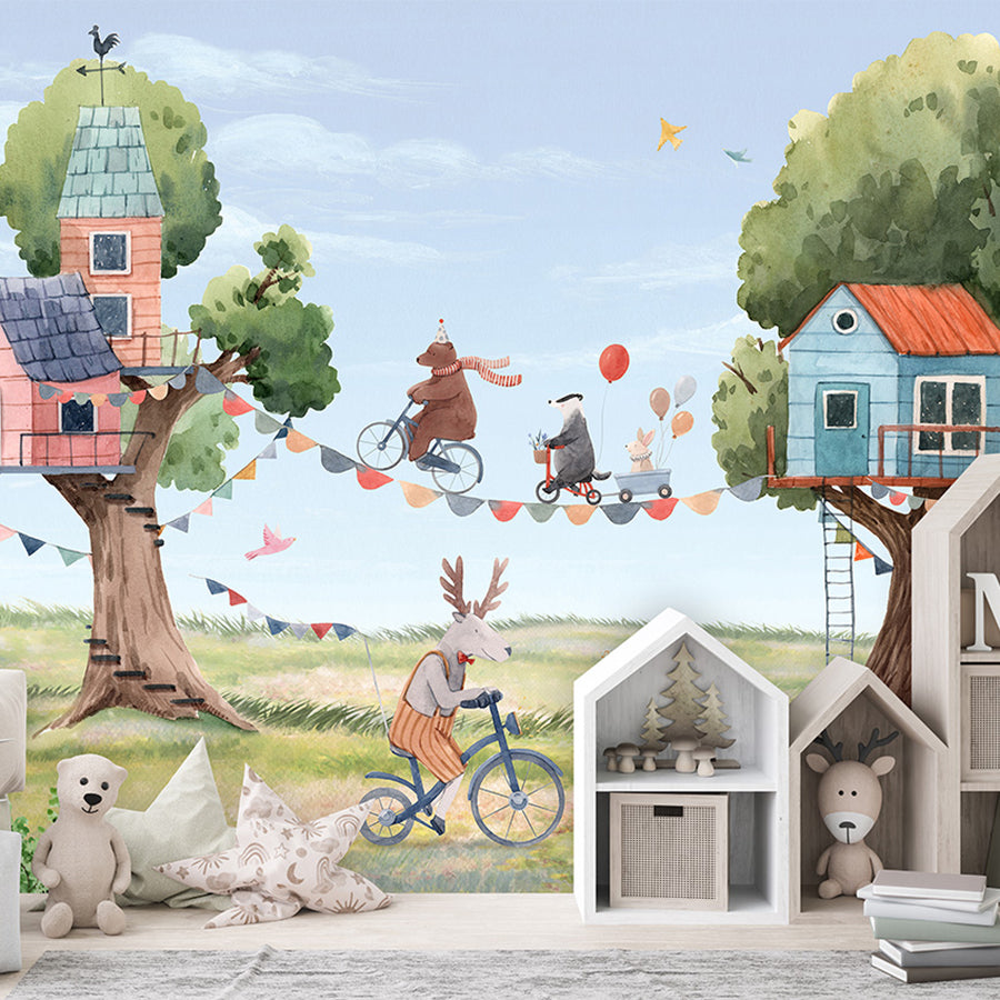 Treehouse Party wallpaper mural shown in a children's bedroom house shelves