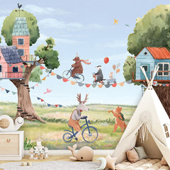 Treehouse Party wallpaper mural shown in a children's bedroom teepee
