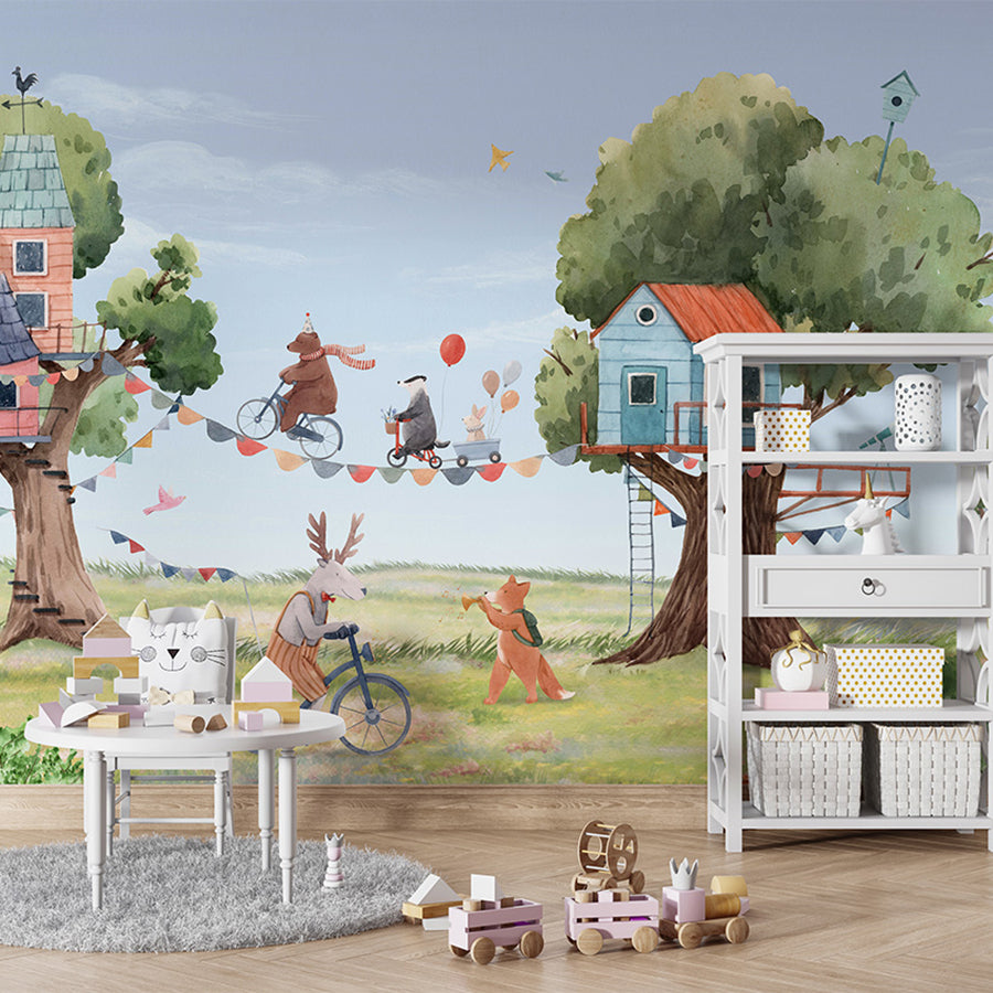 Treehouse Party wallpaper mural shown in a children's playroom table