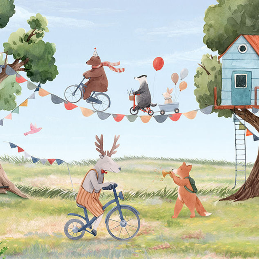 Close-up of the Treehouse Party wallpaper mural by Oliver Robins