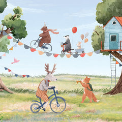 Close-up of the Treehouse Party wallpaper mural by Oliver Robins