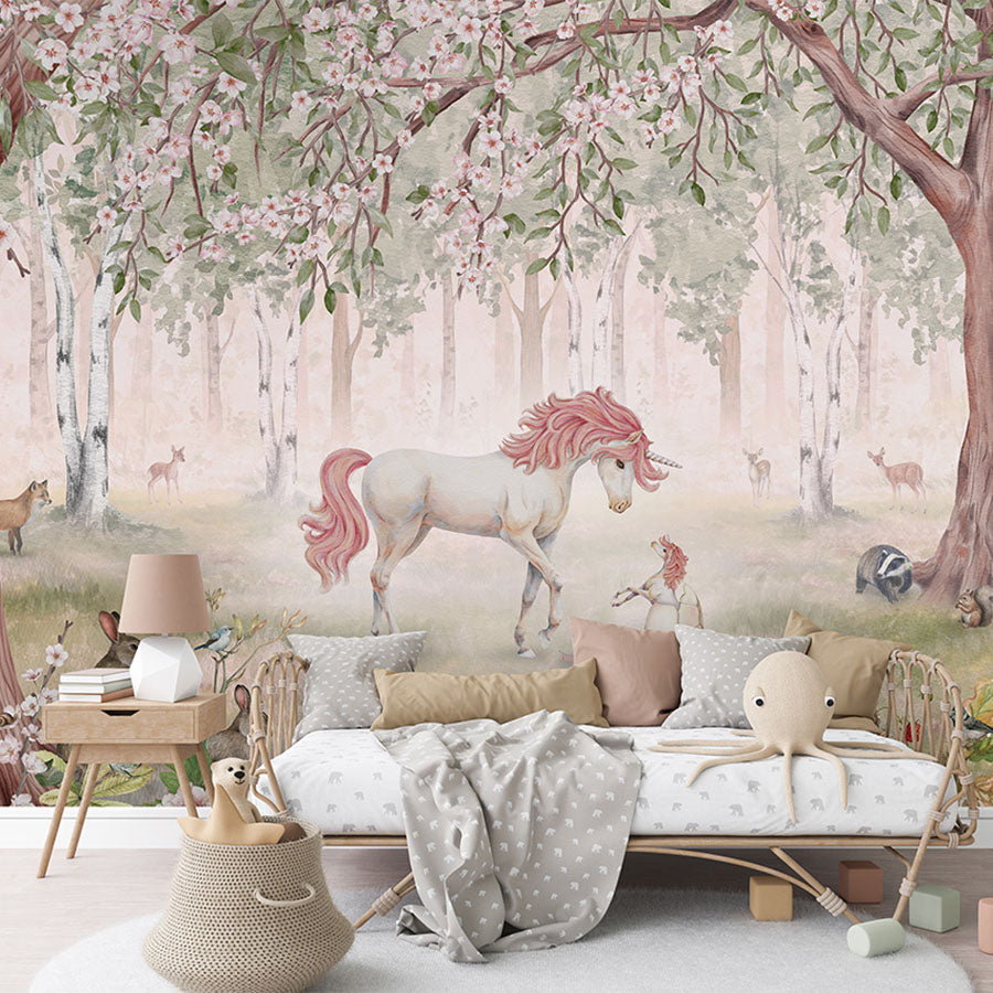 Unicorn Forest – Green wallpaper mural in a children’s bedroom rattan daybed