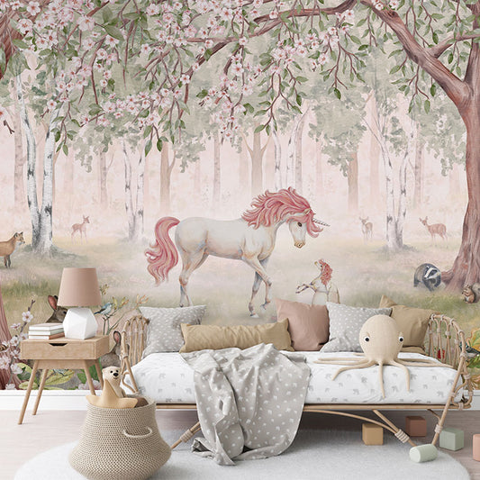 Unicorn Forest – Green wallpaper mural in a children’s bedroom rattan daybed