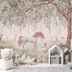Unicorn Forest – Green wallpaper mural in a children’s playroom
