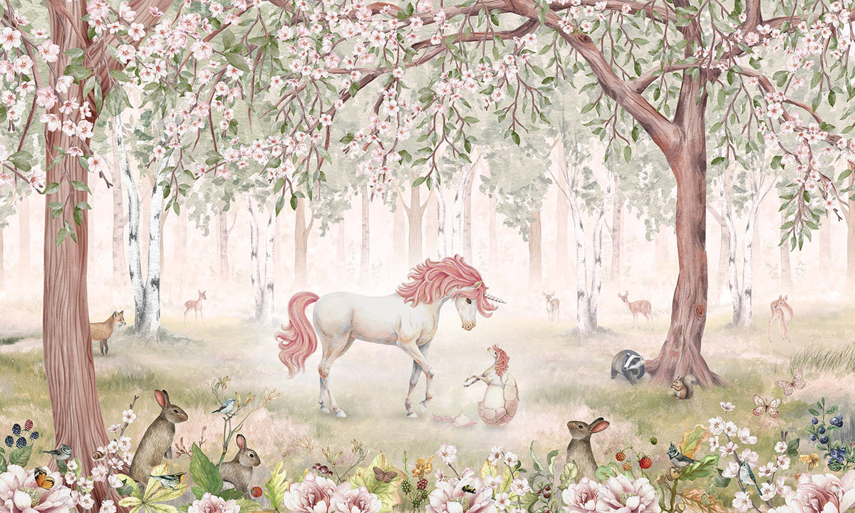 Unicorn Forest – Green wallpaper mural by Kikki Belle