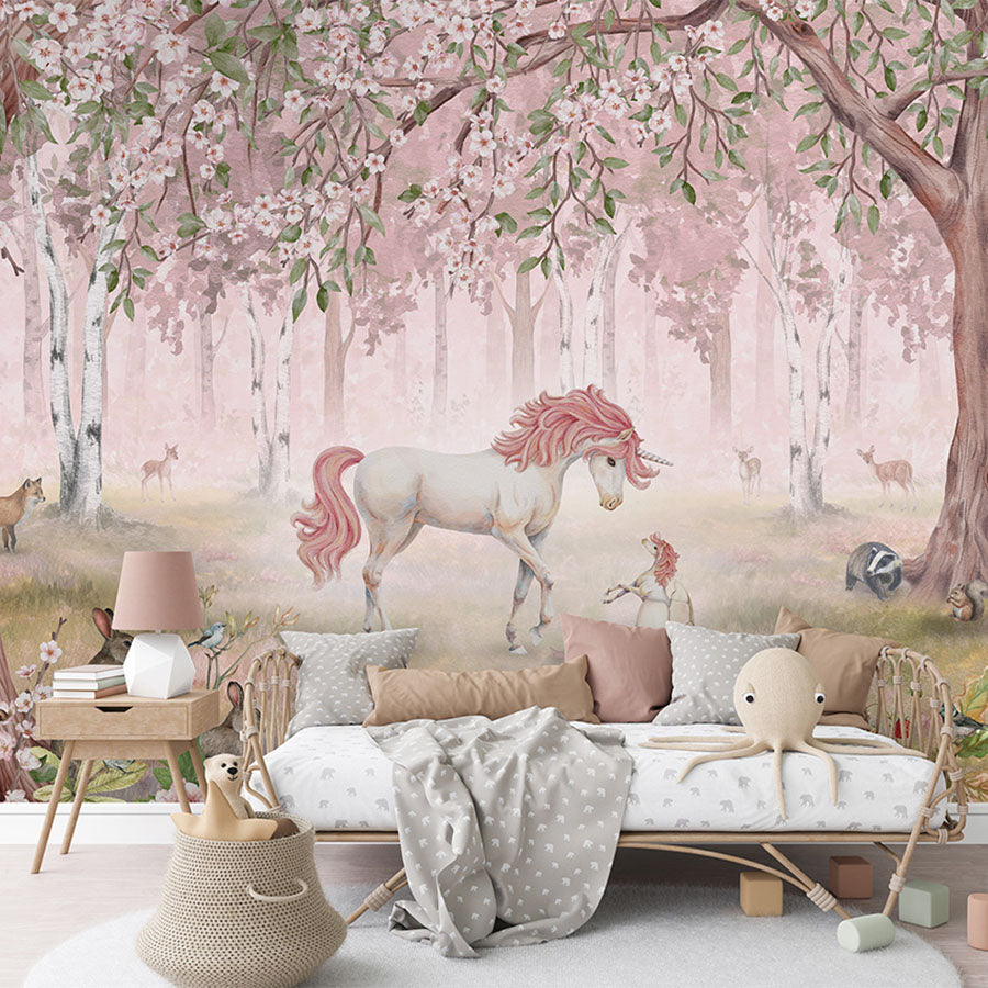 Unicorn Forest – Pink wallpaper mural in a children’s bedroom rattan daybed