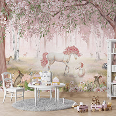 Unicorn Forest – Pink wallpaper mural in a children’s playroom table chairs
