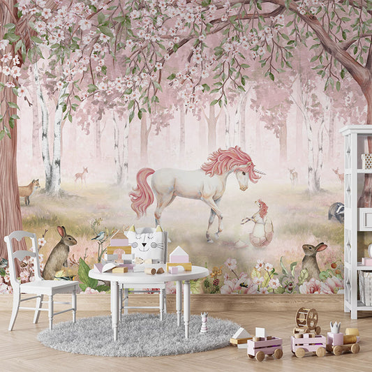 Unicorn Forest – Pink wallpaper mural in a children’s playroom table chairs