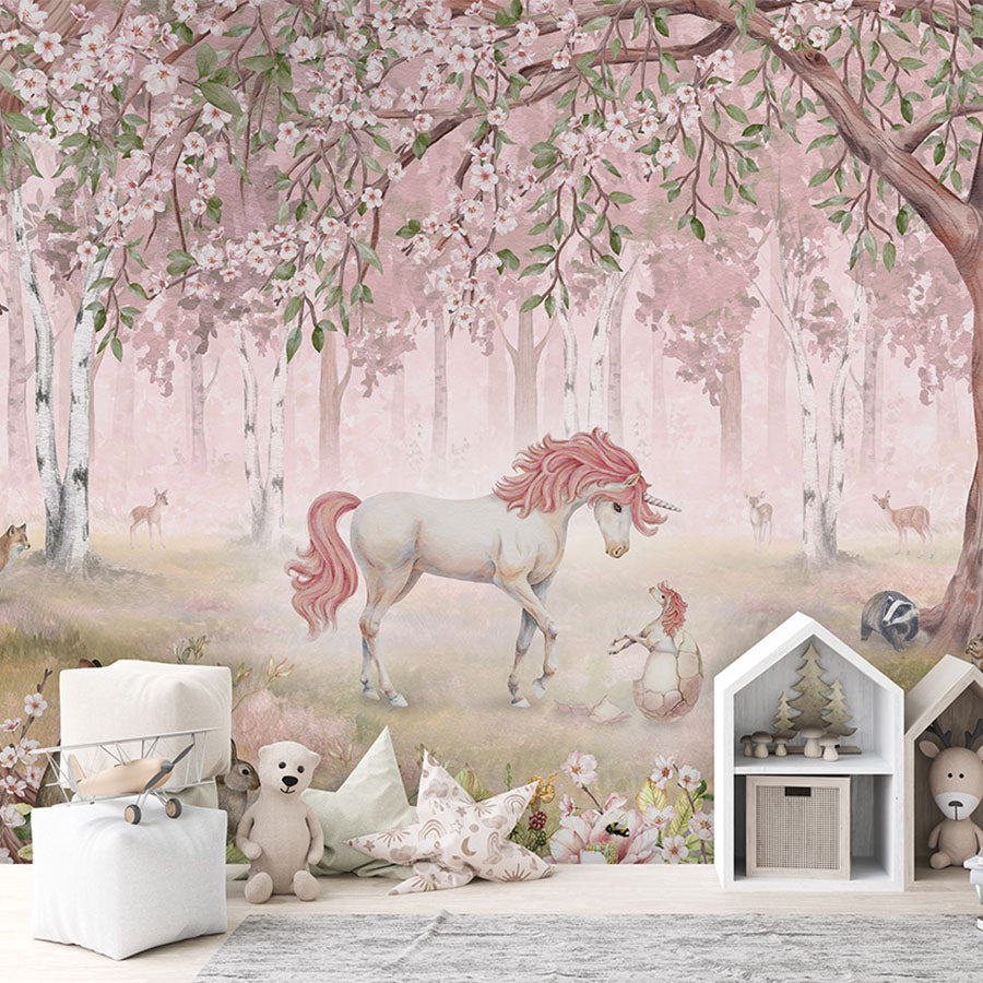Unicorn Forest – Pink wallpaper mural in a children’s playroom