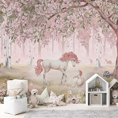 Unicorn Forest – Pink wallpaper mural in a children’s playroom
