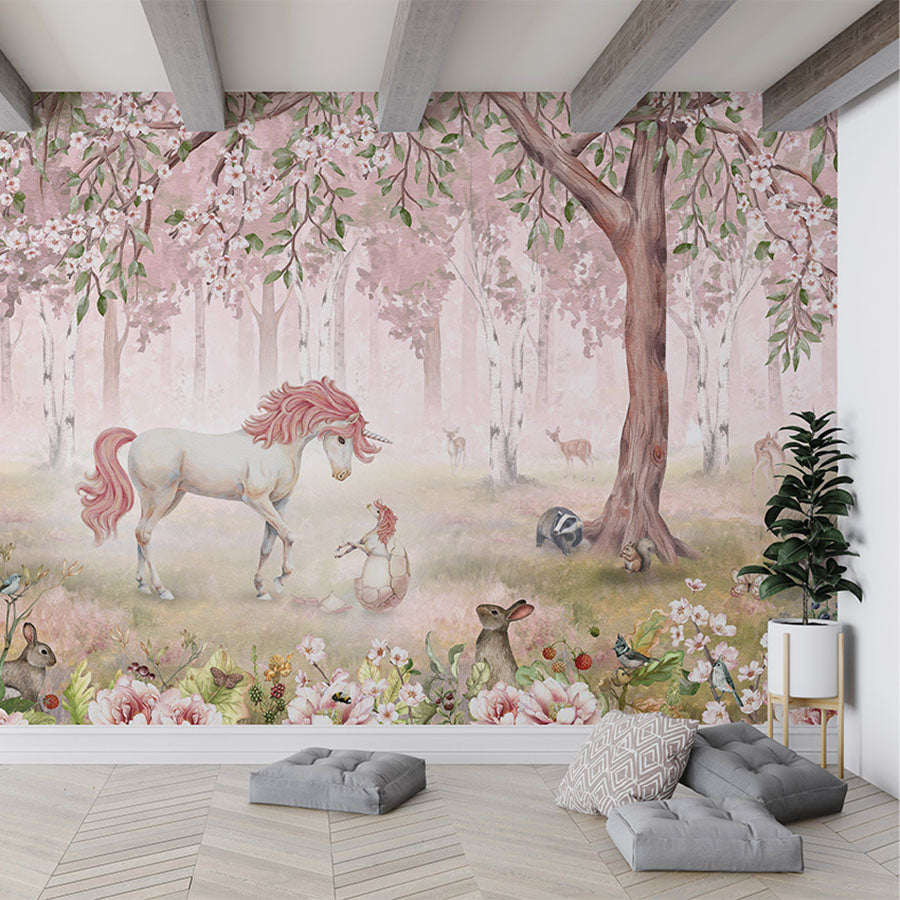 Unicorn Forest – Pink wallpaper mural in a living room floor cushions