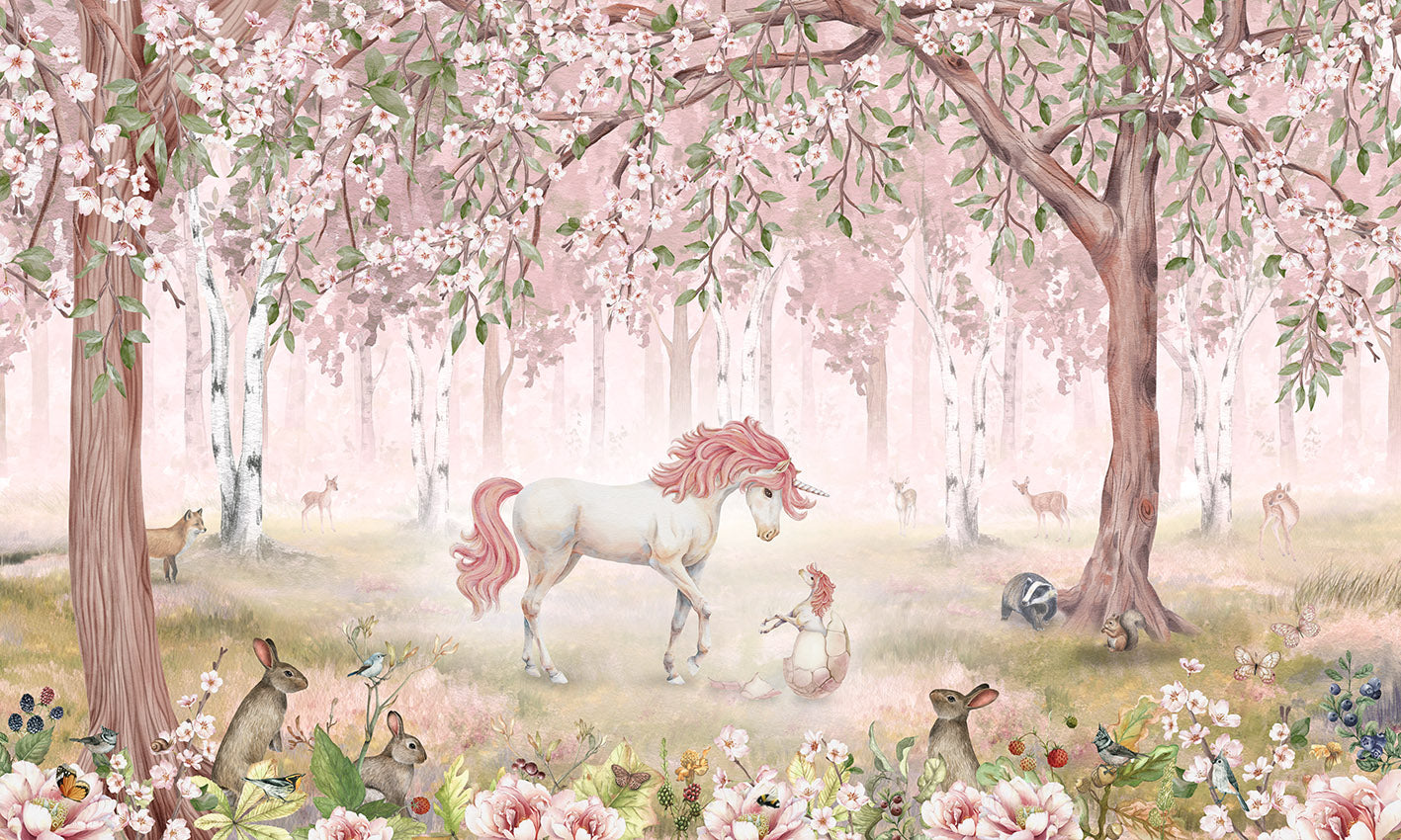 Unicorn Forest – Pink wallpaper mural by Kikki Belle