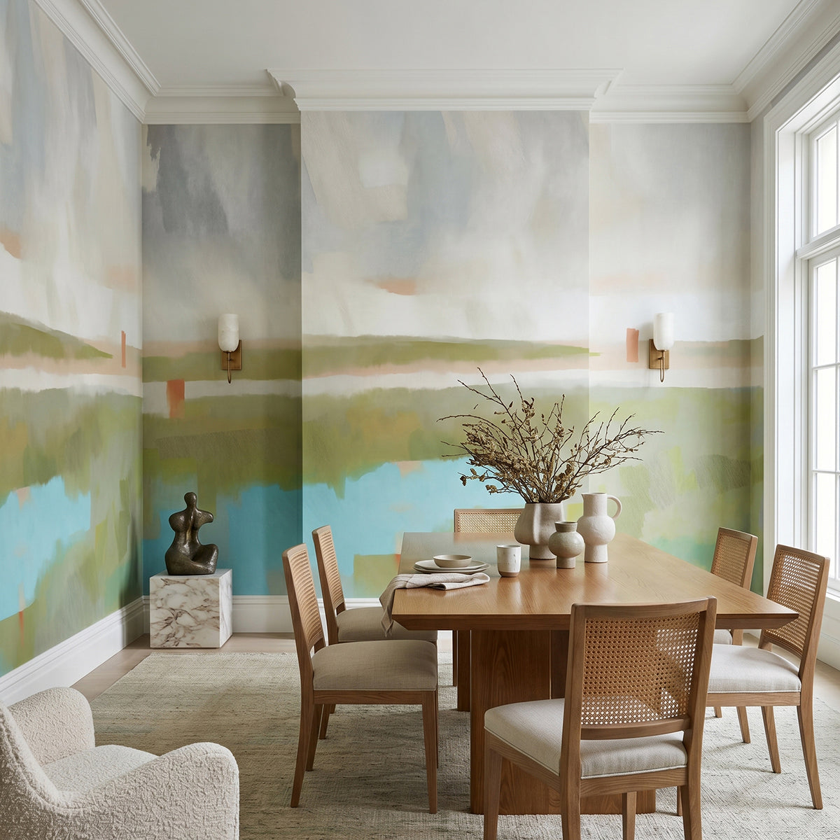 Velvet Dawn wallpaper mural shown in dining room with table and wood chairs