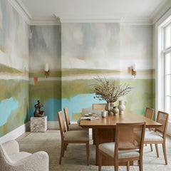Velvet Dawn wallpaper mural shown in dining room with table and wood chairs
