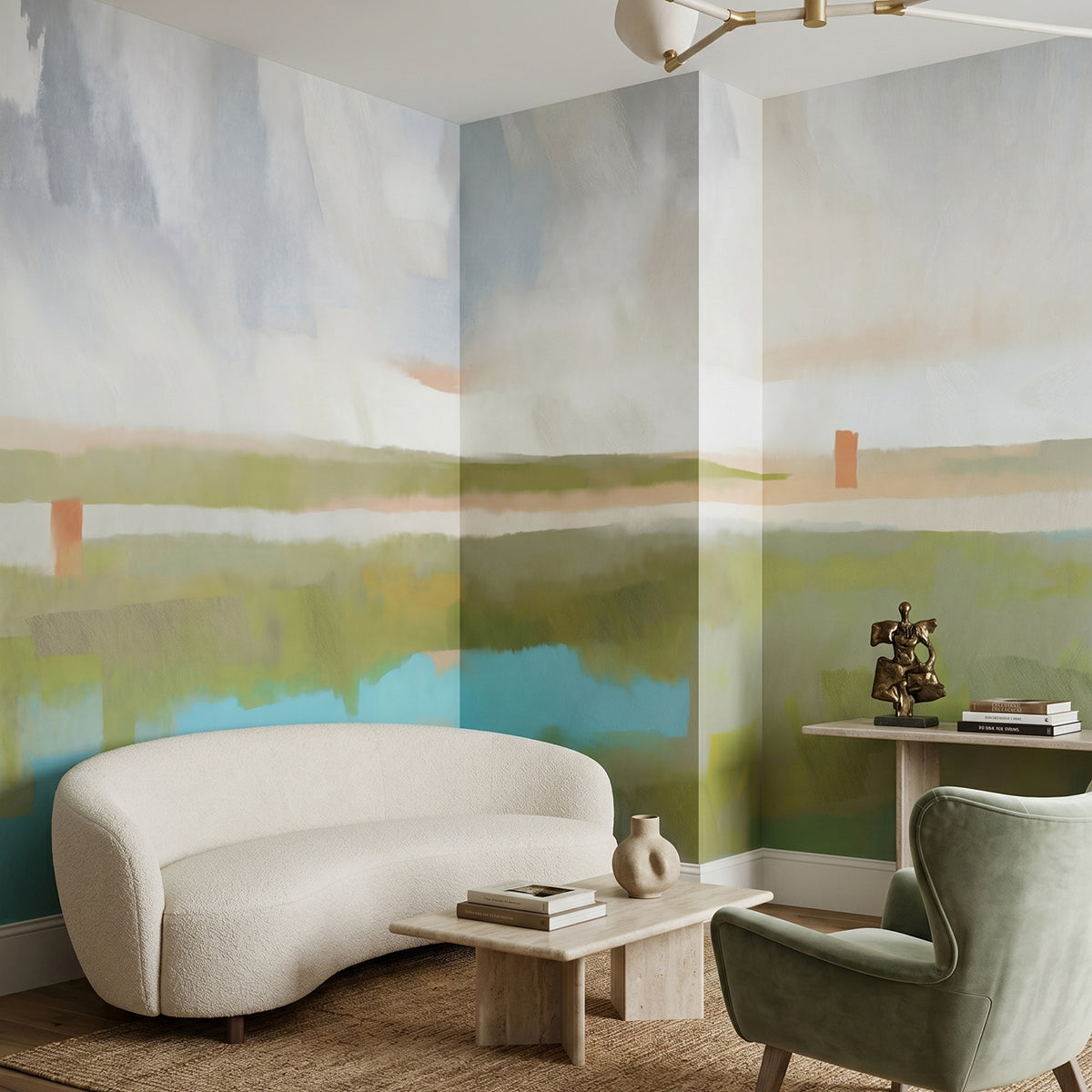 Velvet Dawn wallpaper mural shown in living room with white sofa and green chair