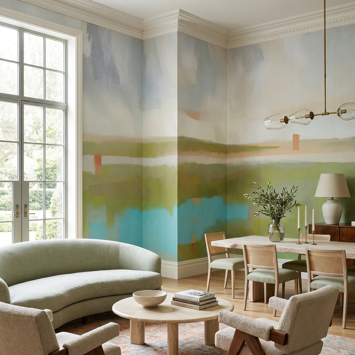 Velvet Dawn wallpaper mural shown in open plan living and dining room