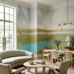 Velvet Dawn wallpaper mural shown in open plan living and dining room