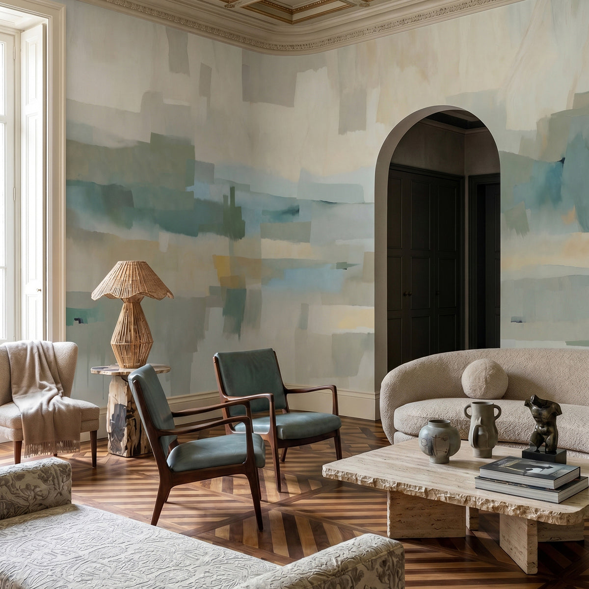 Velvet Dusk wallpaper mural shown in living room with coffered ceiling dark chair