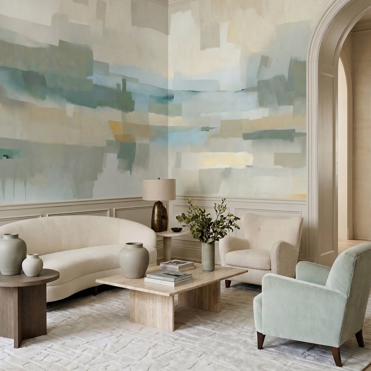 Velvet Dusk wallpaper mural shown in living room with curved sofa and blue chair