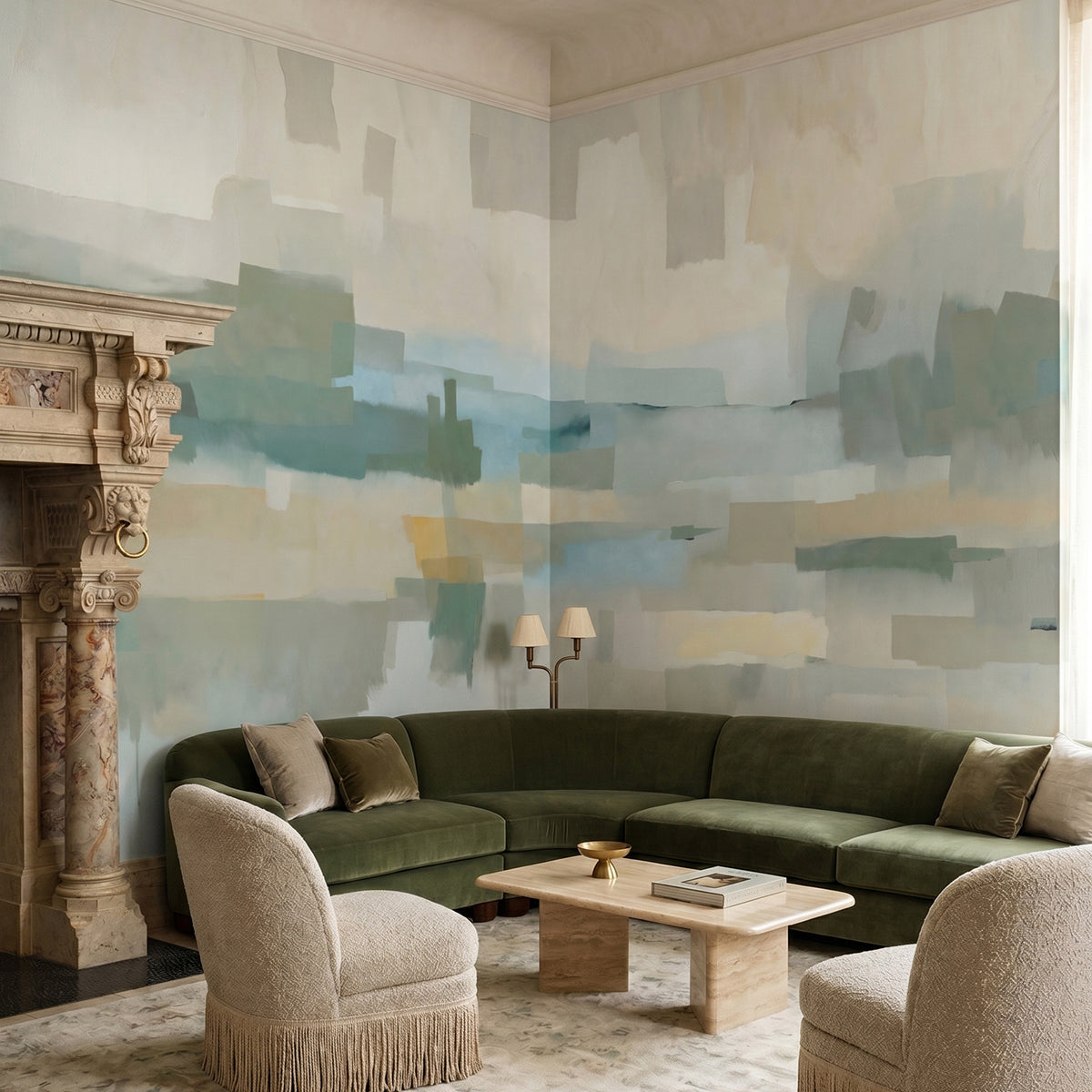 Velvet Dusk wallpaper mural shown in living room with dark sectional and two armchairs