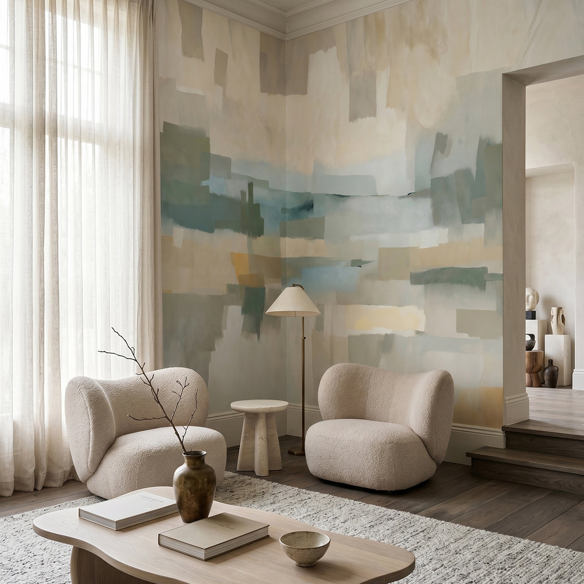 Velvet Dusk wallpaper mural shown in reading corner with boucle chair