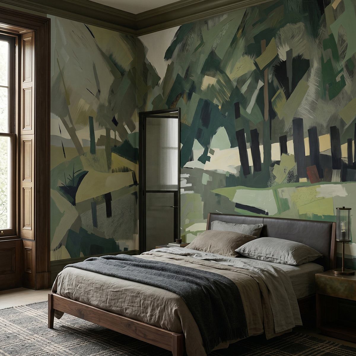 Velvet Forest wallpaper mural shown in bedroom with wood bed