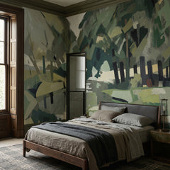 Velvet Forest wallpaper mural shown in bedroom with wood bed