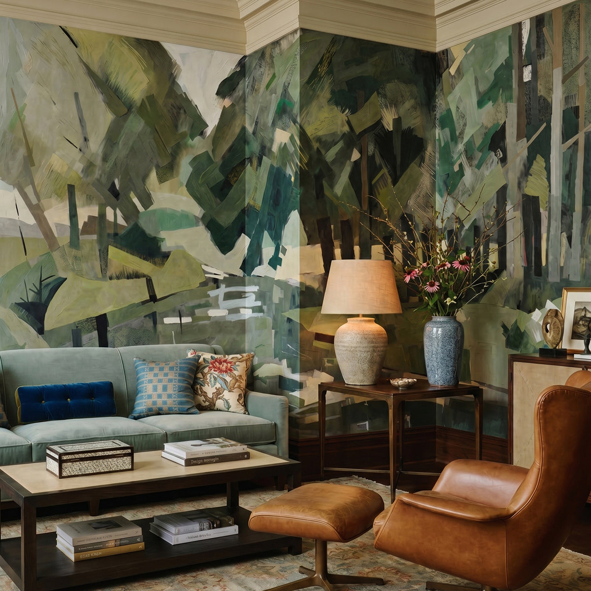 Velvet Forest wallpaper mural shown in living room with blue sofa and leather chair