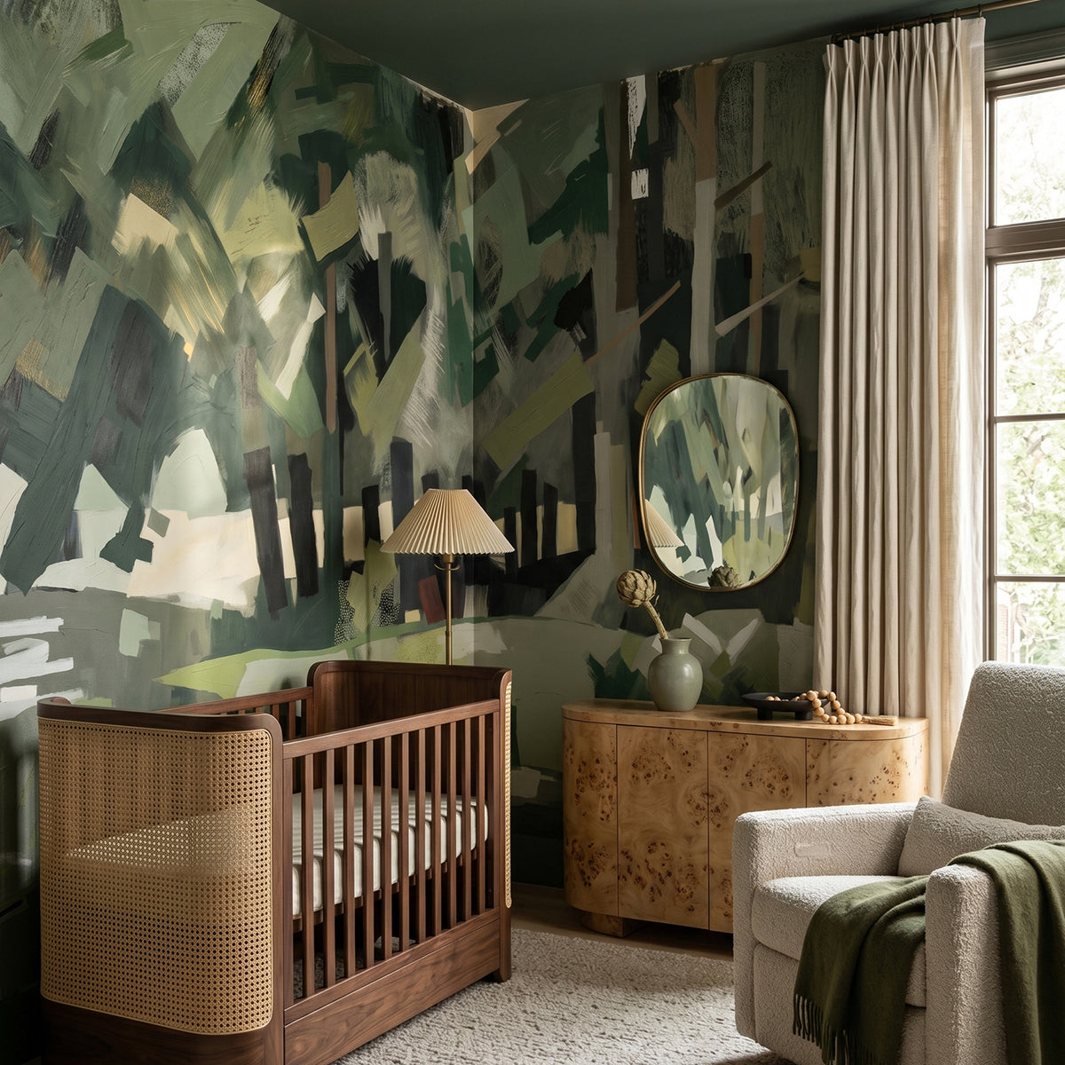 Velvet Forest wallpaper mural shown in nursery with cot armchair