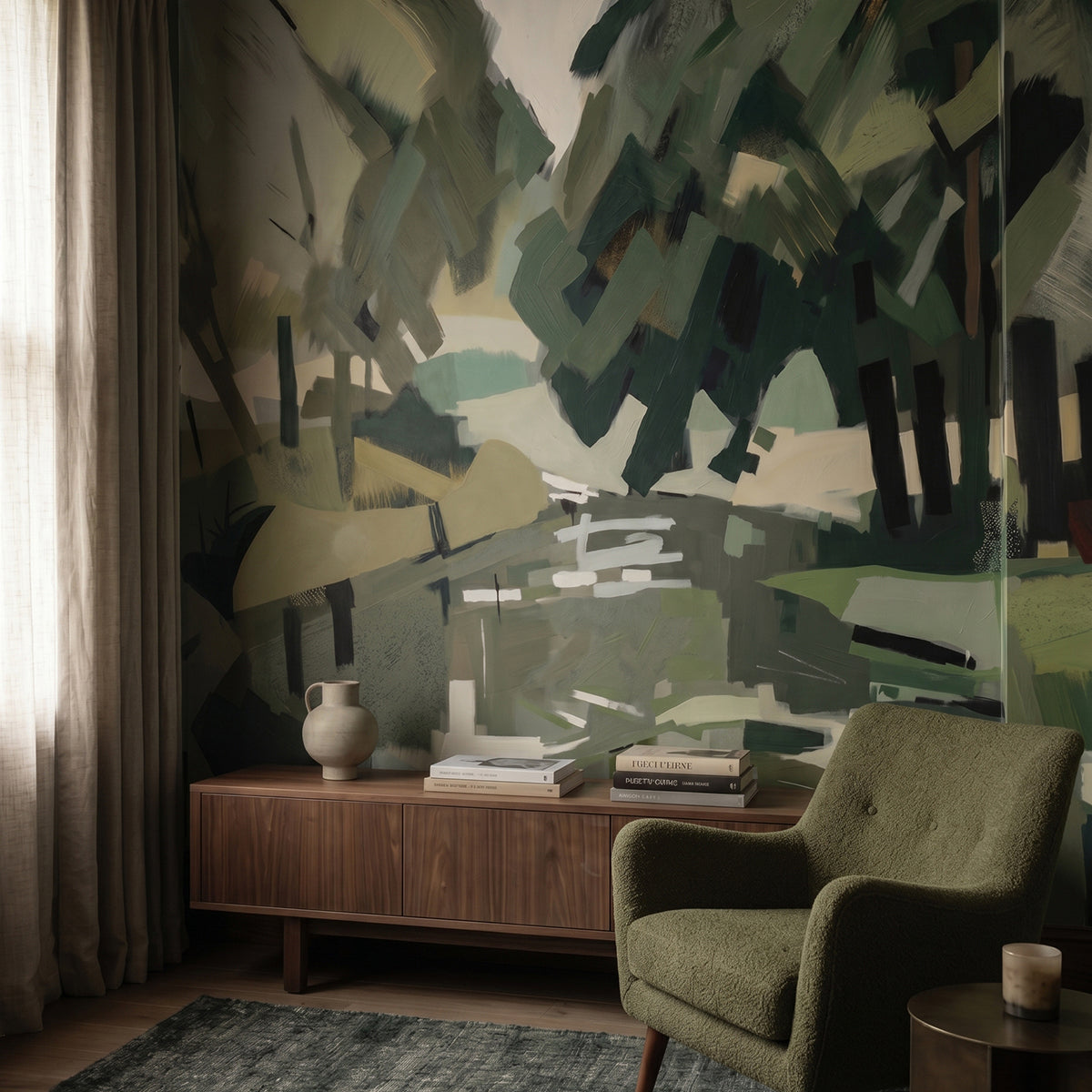 Velvet Forest wallpaper mural shown in reading corner with green armchair and sideboard