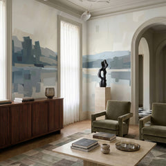 Velvet Glow wallpaper mural shown in living room with arched doorway green chairs