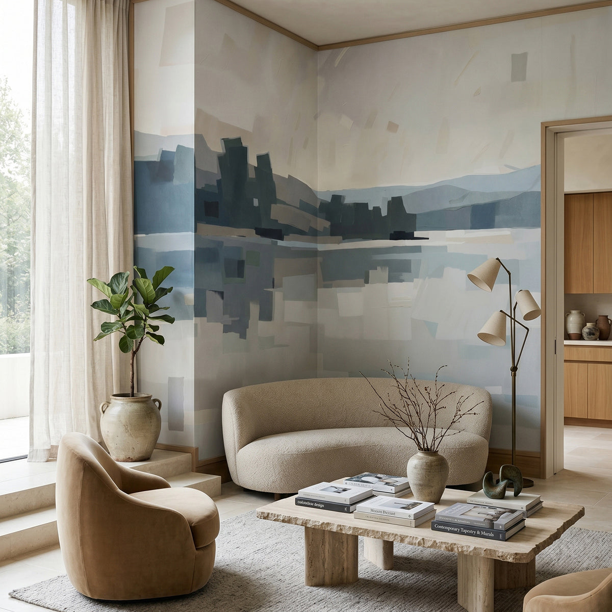 Velvet Glow wallpaper mural shown in living room with cream sofa and tan chair