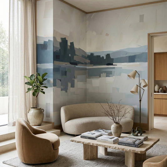 Velvet Glow wallpaper mural shown in living room with cream sofa and tan chair