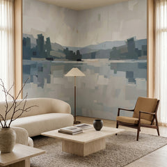 Velvet Glow wallpaper mural shown in living room with curved sofa and wood chair