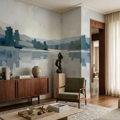 Velvet Glow wallpaper mural shown in living room with green chair and sideboard