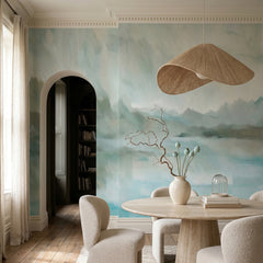 Velvet Horizon wallpaper mural shown in dining room with round table and pendant light