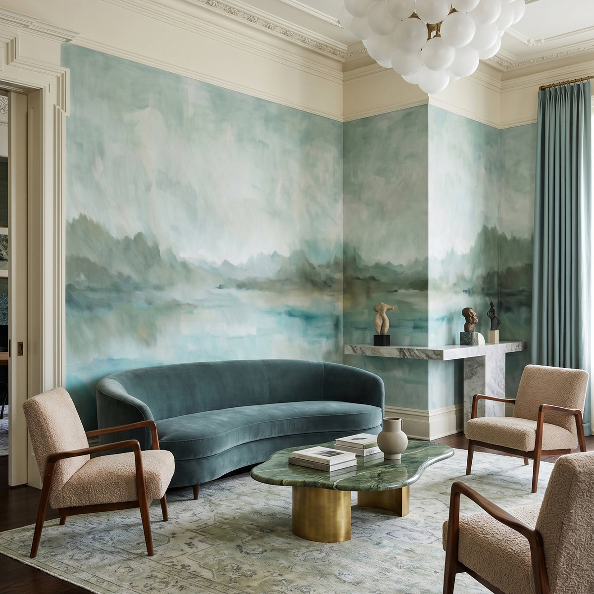 Velvet Horizon wallpaper mural shown in living room with blue curved sofa and three chairs