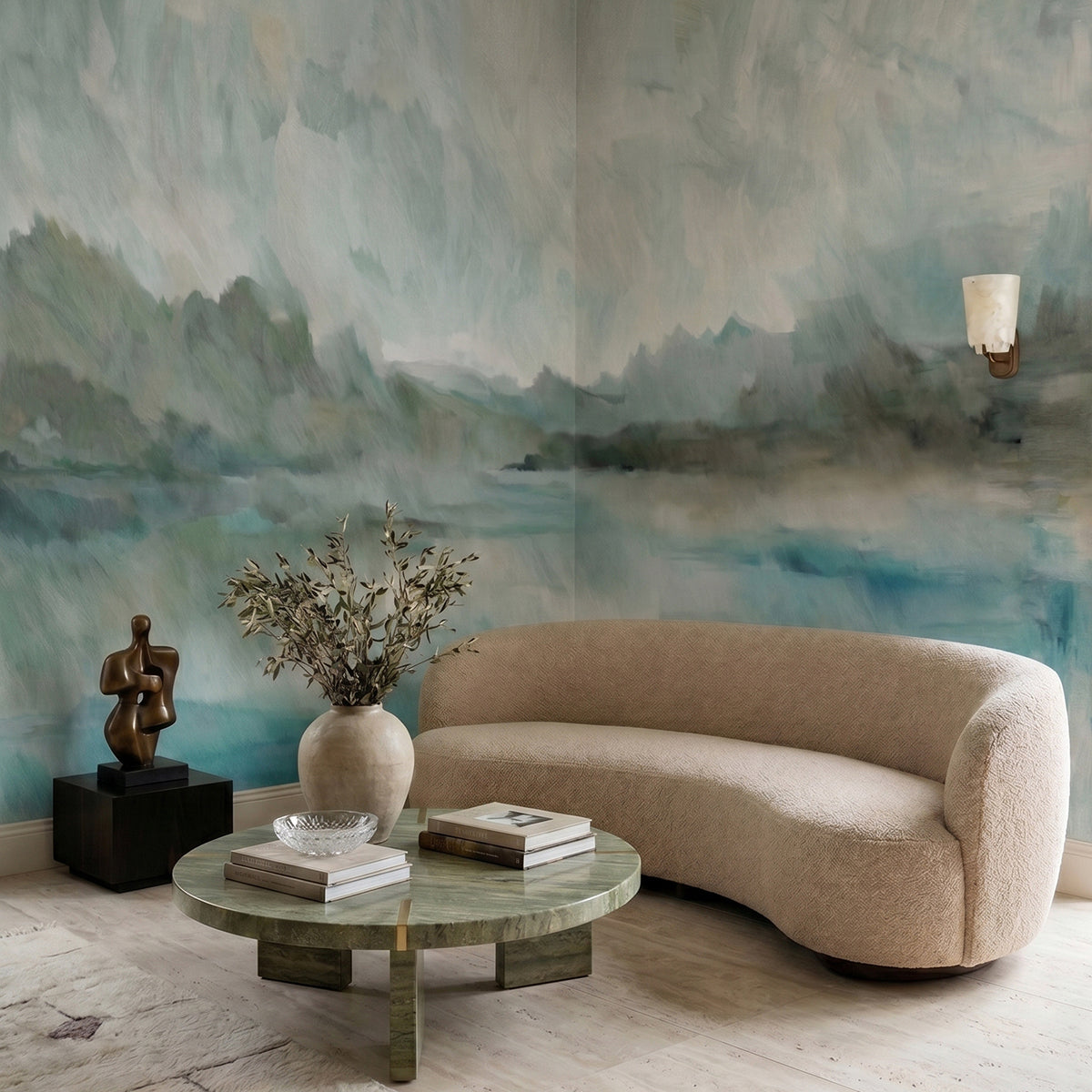 Velvet Horizon wallpaper mural shown in living room with curved sofa and round table